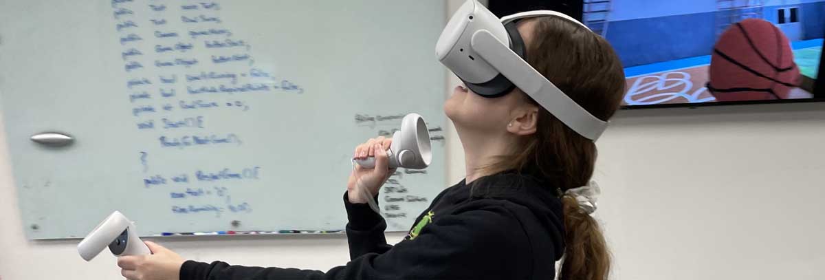Young woman wearing a VR headset playing VR Basketball